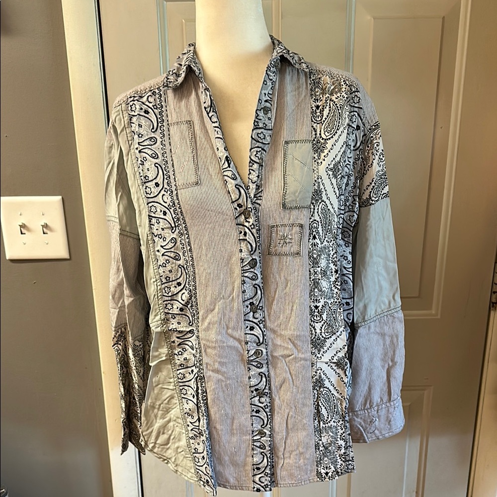 Free People Black and White Paisley Button Down Shirt